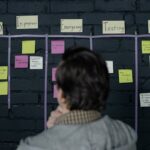 A man in an office reviews a scrum task board filled with sticky notes, planning strategy and organization.